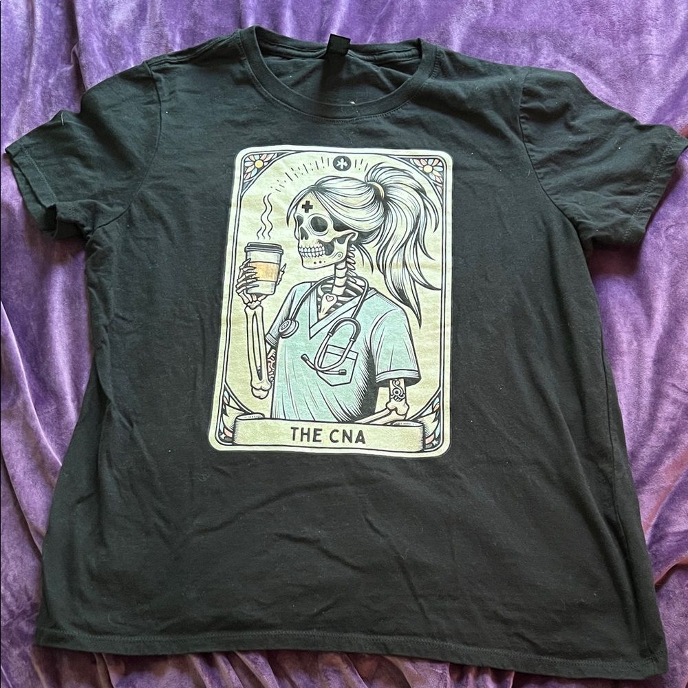Certified Nurse Assistant Tarot Card Skeleton CNA T-Shirt (Women’s L)
